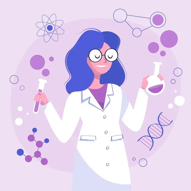 Illustration of a woman scientist with glasses and blue hair, wearing a lab coat. She holds a test tube and round-bottom flask, symbolizing arthritis research. Surrounding her are science-related icons like an atom, DNA helix, and molecular structures on a purple background.